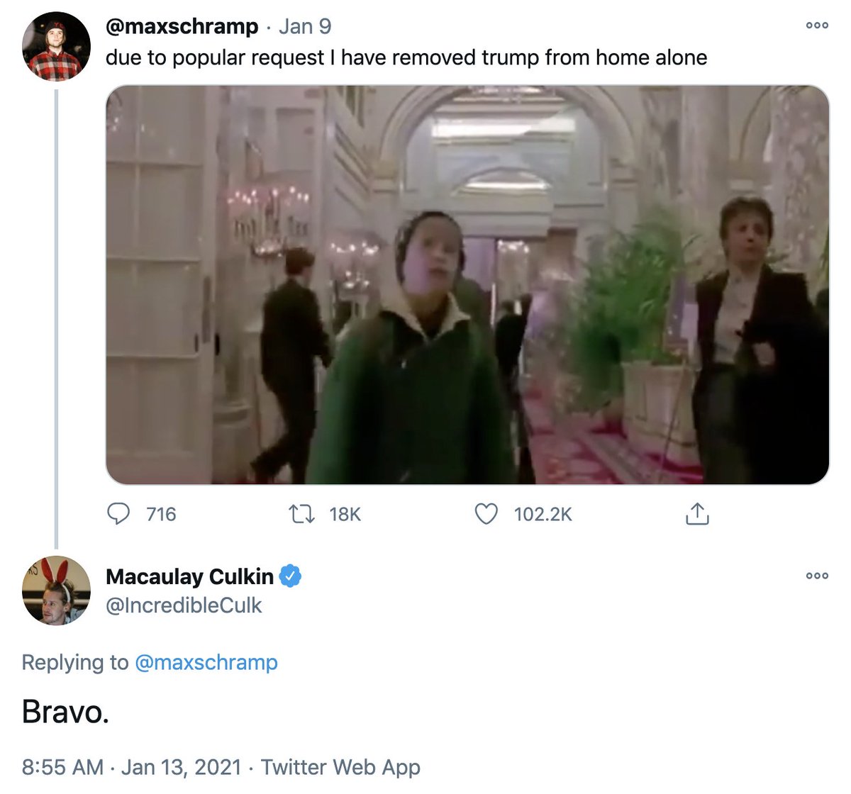 Macaulay Culkin tweeted support for calls to remove President Trump from "Home Alone 2."

The film's director claims Trump "bullied" production to film his cameo because they were filming in a hotel he owned.