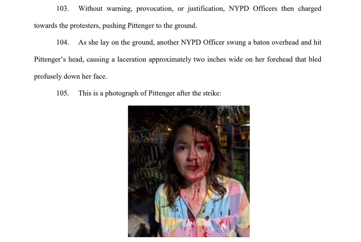 This is what the NYPD did to a protestor. From the  @NewYorkStateAG's just-released lawsuit: "NYPD Officers charged towards the protesters, pushing Pittenger to the ground. As she lay on the ground, another NYPD swung a baton overhead and hit Pittenger’s head."cc  @NYCMayor
