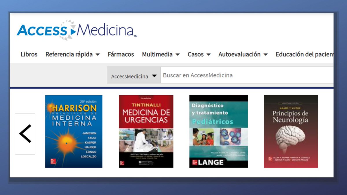 HMSCountway's tweet photo. #Countway ha suscrito el recurso #AccessMedicina, que contiene más de 130 obras en español para todas las especialidades médicas! https://t.co/e0rXwmC6Eg #biblioteca #bibliotecasmedicas #countwayconnects #medlibs #countwaycares @HarvardMed @HarvardChanSPH @HMSpostdoc https://t.co/TC2LPXZdBJ