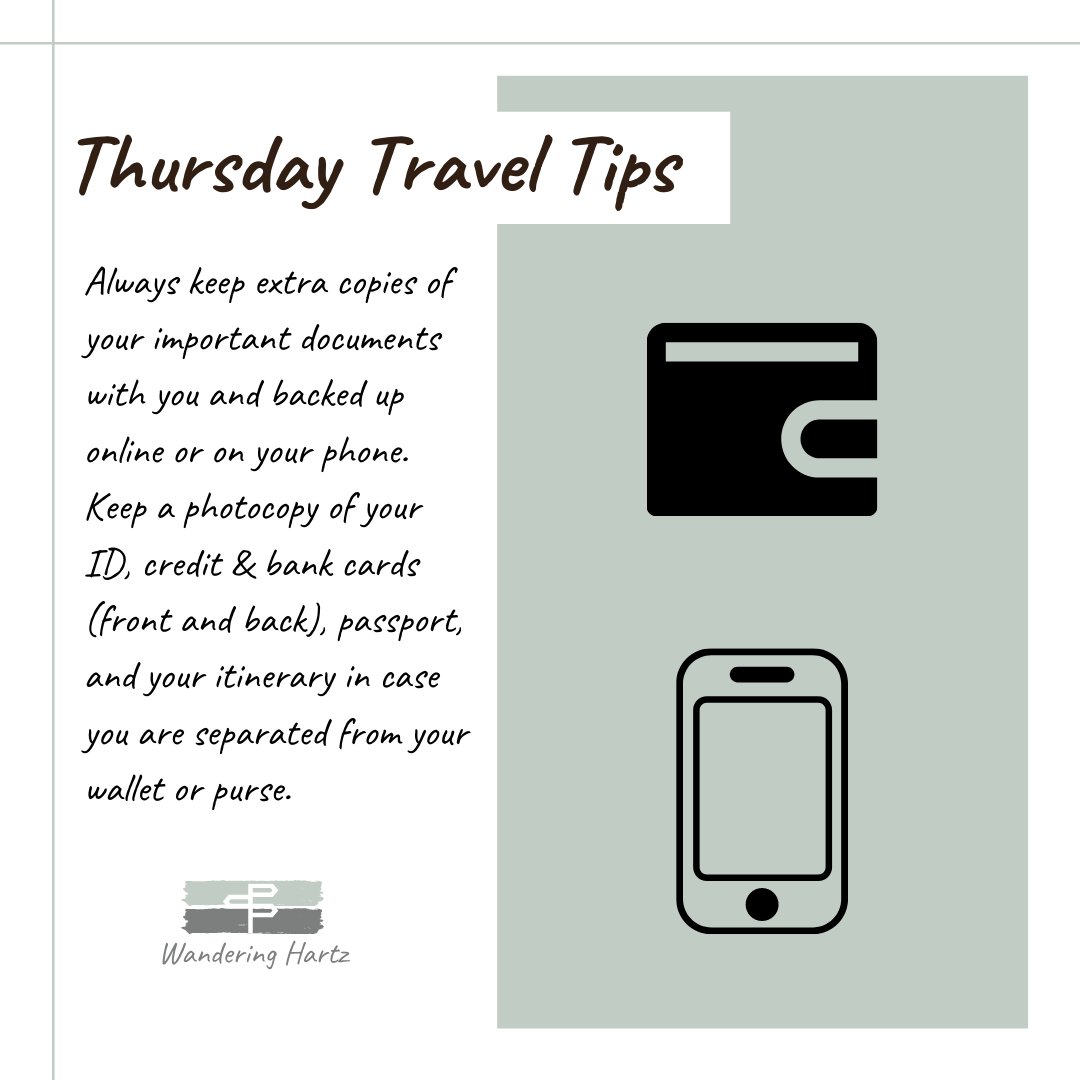 WanderingHartz's tweet photo. 🧳 Thursday Travel Tip 📱 Additionally we always keep a digital copy as well in a cloud drive folder (be sure to have a screen lock on your phone!!). #thursdaytraveltip #traveltricks #travelgram https://t.co/ZVfi8uuRIk