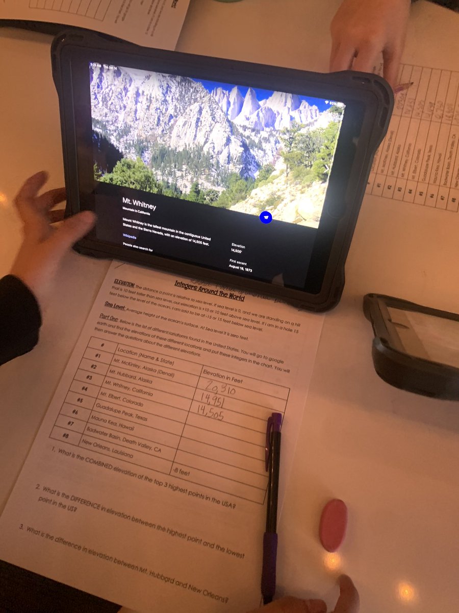 MadisonLPrince1's tweet photo. Today we went EXPLORING in Math! We discused positive and negative integers in terms of elevation and sea level. So proud of these curious students! @DiemerEagles #6math https://t.co/VKoPAOy8h0