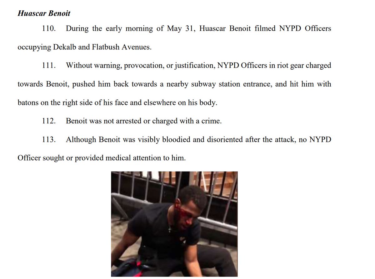 And another:"Without warning, provocation, or justification, NYPD Officers in riot gear charged towards Benoit, pushed him back towards a nearby subway station entrance, and hit him with batons on the right side of his face and elsewhere on his body." https://ag.ny.gov/sites/default/files/filed_complaint_ny_v_nypd_1.14.2021.pdf