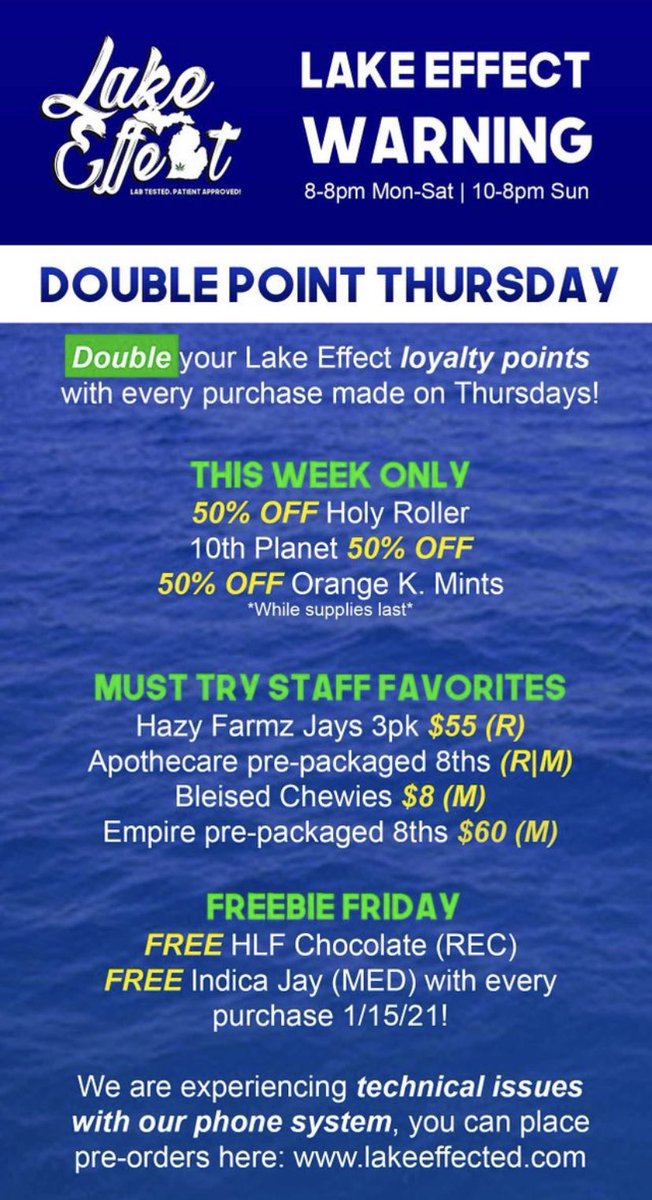 LakeEffectMi's tweet photo. Check out the awesome deals!! Don’t miss out from 8-8pm today! Get completely Lake Effected! #mmmp #cannabis #recreational #medical #kalamazoo #michigan https://t.co/y7Qv4K9chQ