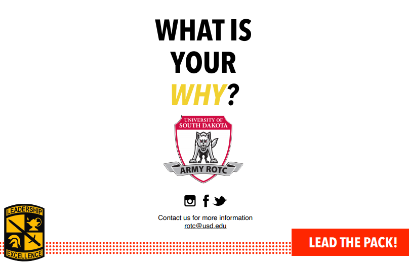 We all join ROTC for different reasons: service to country, pay for college, family legacy, want an adventure.  What is your why? Contact us for more information rotc<a href="/usd/">University of South Dakota</a>.edu

@usd <a href="/GoArmy/">GoArmy</a> <a href="/ArmyROTC/">Army ROTC</a> <a href="/3rdROTCBrigade/">BlackHawkBde</a> 

#STEMeducation 
#scholarships
#3rdbdearmyrotc
#leaderswanted