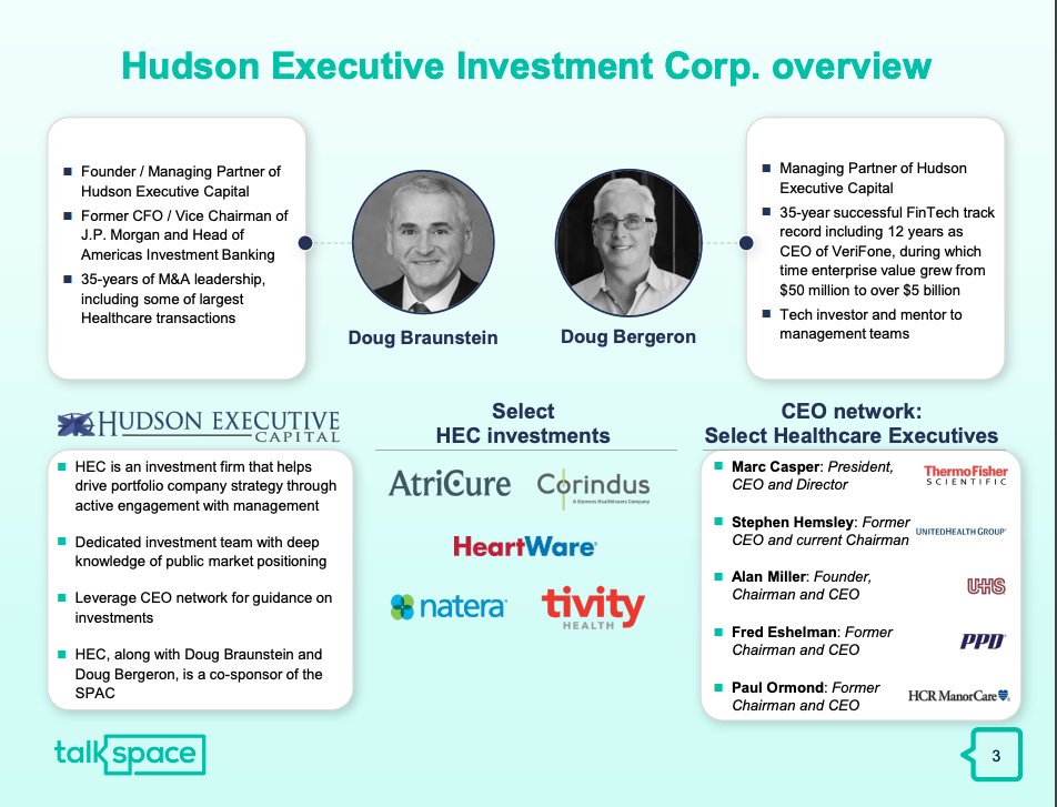 SPAC Management:  $HEC is formed by Hudson Executive Capital, Douglas L. Braunstein, and Douglas G. Bergeron. HEC is an event-driven investment firm managing over $1.5B in assets. Braunstein is founder and co-managing partner of HEC and the frmr CFO and Vice Chairman of JP Morgan.
