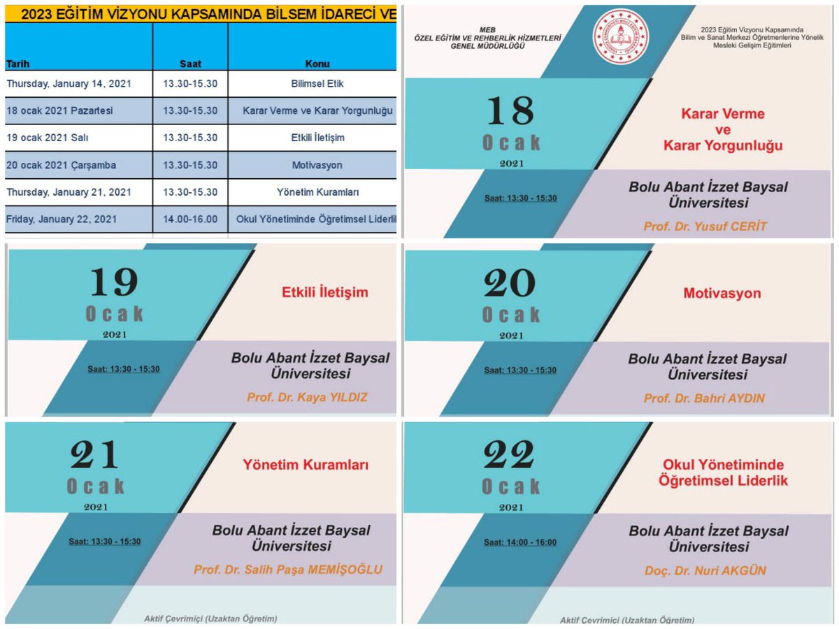 BİLSEM'lerde görev yapan öğretmenlerimize yönelik eğitimlere devam ediyoruz..👨‍💻📚

🗓Bu hafta;
📌Karar Verme ve Karar Yorgunluğu
📌Etkili İletişim
📌Motivasyon
📌Yönetim Kuramları
📌Okul Yönetiminde Öğretimsel Liderlik konularında eğitimler verilecektir.
<a href="/mehmetnezirg/">mehmet nezir gül</a> <a href="/ibuajanda/">Bolu Abant İzzet Baysal Üniversitesi</a>