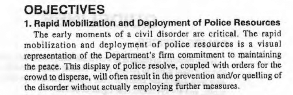 These ancient, evergreen, Disorder Control Guidelines treat First Amendment assemblies and serious civil disorders essentially the same, and focus on militarized tactics to "disperse and demoralize" protesters including by using "mobile tactics of speed, surprise and deception"