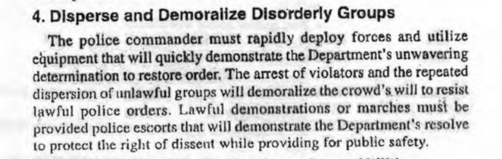 These ancient, evergreen, Disorder Control Guidelines treat First Amendment assemblies and serious civil disorders essentially the same, and focus on militarized tactics to "disperse and demoralize" protesters including by using "mobile tactics of speed, surprise and deception"