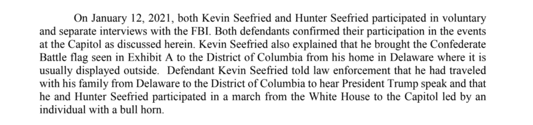 Kevin Seefried told the feds that he and his son Hunter went to DC on Jan. 6 from their home in Delaware "to hear President Trump speak."They brought along the Confederate battle flag from the house "where it is usually displayed outside."
