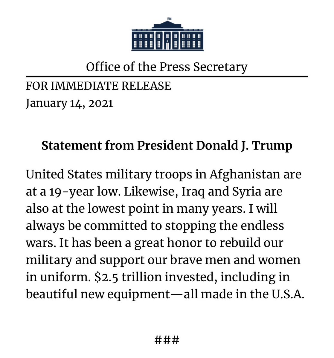 Statement from President Donald J. Trump on 14 Jan. 2021