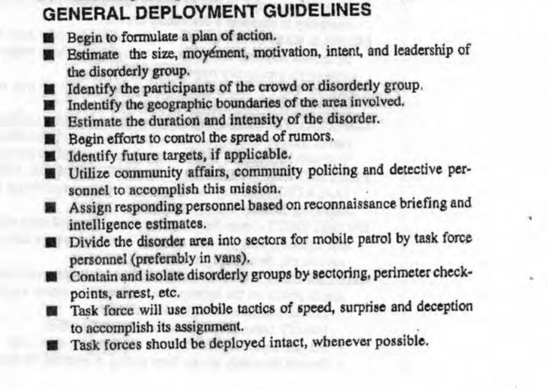 These ancient, evergreen, Disorder Control Guidelines treat First Amendment assemblies and serious civil disorders essentially the same, and focus on militarized tactics to "disperse and demoralize" protesters including by using "mobile tactics of speed, surprise and deception"