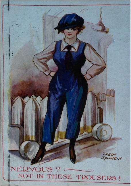 Spurgin produced a series of stylised cartoons, in which female munition workers are shown as having cinched-in waists, wearing delicate blouses made seemingly of floaty, transparent fabric, clad in stockings and high-heeled shoes.   #ADHVirtual