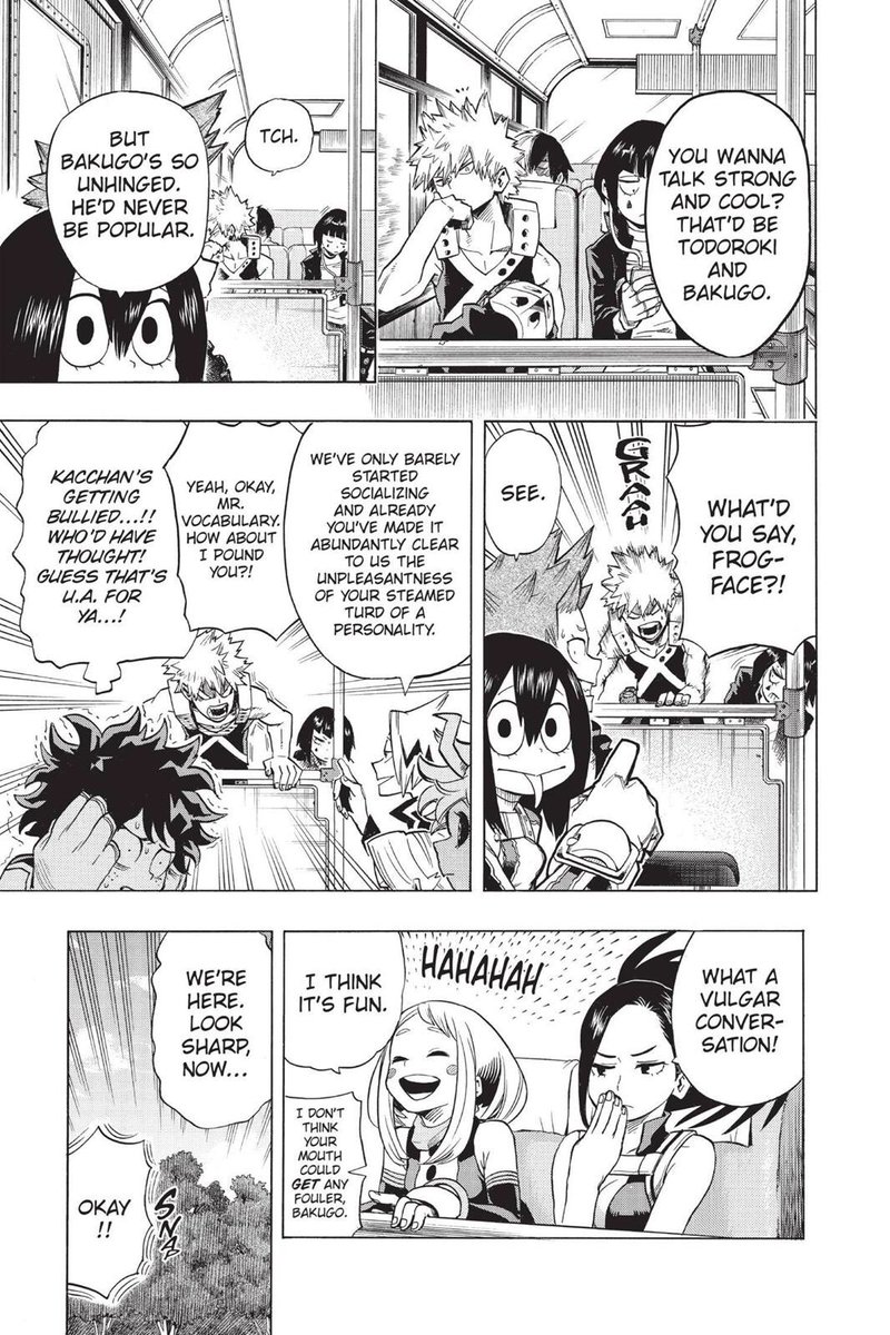 kaminari said out loud what everyone is thinking, almost everyonethe way everyone gets along about not liking his personality but ochaco's first real laugh, while the whole class criticizes him, she laughs about it and unwittingly dissociates herself from what denki said
