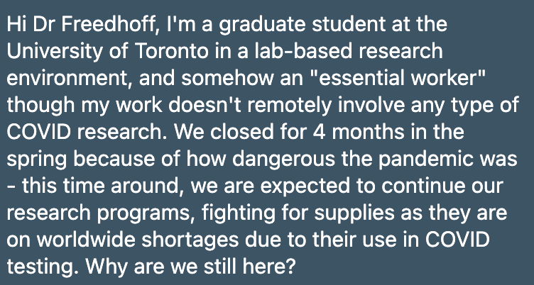 Grad student at U of T, who was able to work from home in spring/summer when pandemic wasn't as bad as it is now is now apparently essential