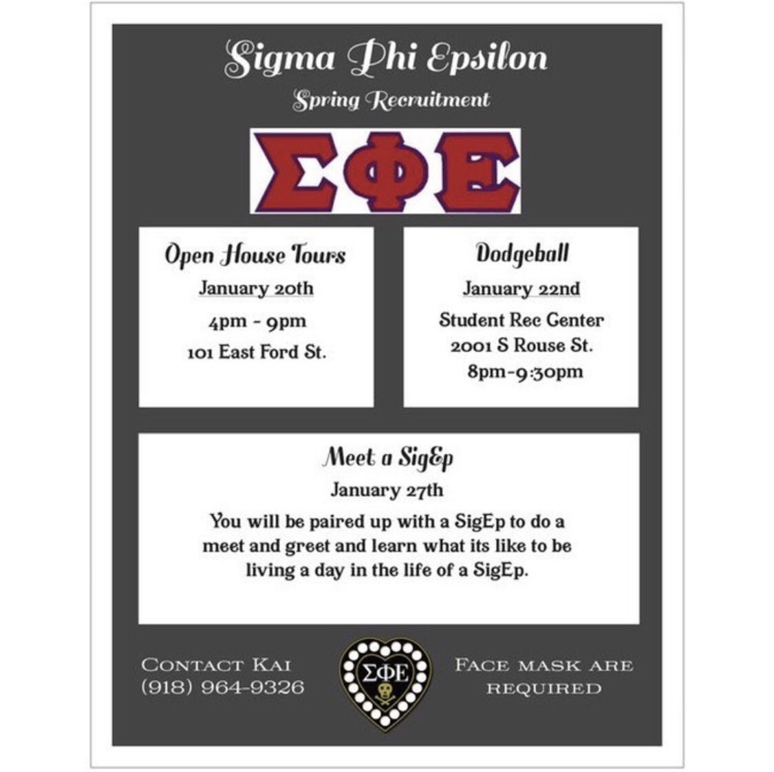 PittStateSigEp's tweet image. Sigma Phi Epsilon Kansas Thetas rush is coming up! Here is the official schedule for rush week. Please be sure to follow all Pitt state COVID-19 guidelines. If you have any questions feel free to reach out to us!