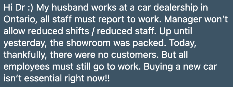 Can't stop selling cars, or allow for reduced numbers of employees/shifts
