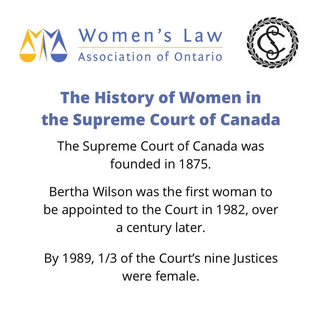 wlao_1919's tweet photo. WLAO Presents: Get to Know Your SCC

Did you know that Bertha Wilson was the first woman appointed to the Supreme Court of Canada? Since her appointment in 1982, the ratio of women to men in the Court has increased to 4:5.

#supremecourtofcanada #womeninthelaw #lawlife #advocate https://t.co/SgN4p66pUh