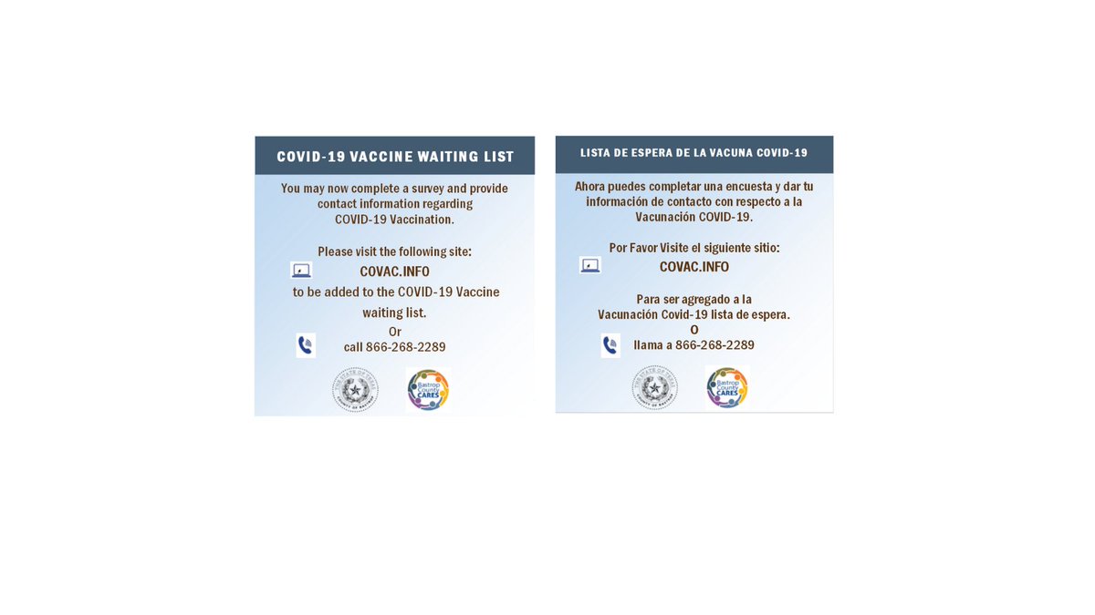 BastropCntyOEM's tweet photo. You may now complete a survey and provide contact information regarding COVID-19 Vaccination. Please visit https://t.co/aqmjcuQMhn (https://t.co/uRVgbyQfYc) to be added to the COVID-19 Vaccine waiting list or call 866-268-2289. https://t.co/hSMFfGGO6i