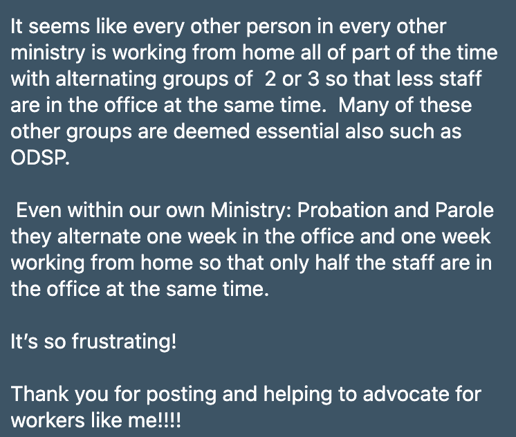 Generally have heard most people working for Ontario government have been afforded work at home options where possible. Not so much jail it would seem. Good thing they're not riskier places when it comes to COVID.....