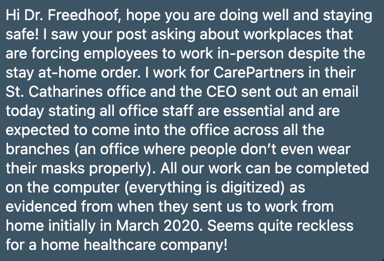 Home healthcare company CEO says definitely you can't stay home to do virtual administrative work