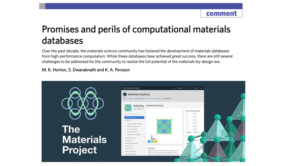 huge congrats to <a href="/mkhorton/">Matthew Horton</a> @PeakSquirrel &amp; <a href="/KPatBerkeley/">Kristin Persson</a> of the <a href="/persson_group/">Persson Group</a> &amp; <a href="/BerkeleyLab/">Berkeley Lab</a>  for their new comment out in the 1st ever issue of <a href="/NatComputSci/">Nature Computational Science</a> today!!!

"Promises and perils of computational materials databases" nature.com/articles/s4358…