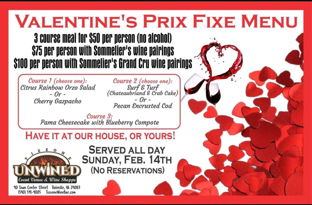 Next, our Valentine’s Prix Fixe, available all day on Sunday Feb 14, dine in or carry out. $50 for 3 courses, $75 w/ Somm’s wine pairings, $100 w/ Grand Cru pairings. No reservations, first come, first serve from 11am to 9pm