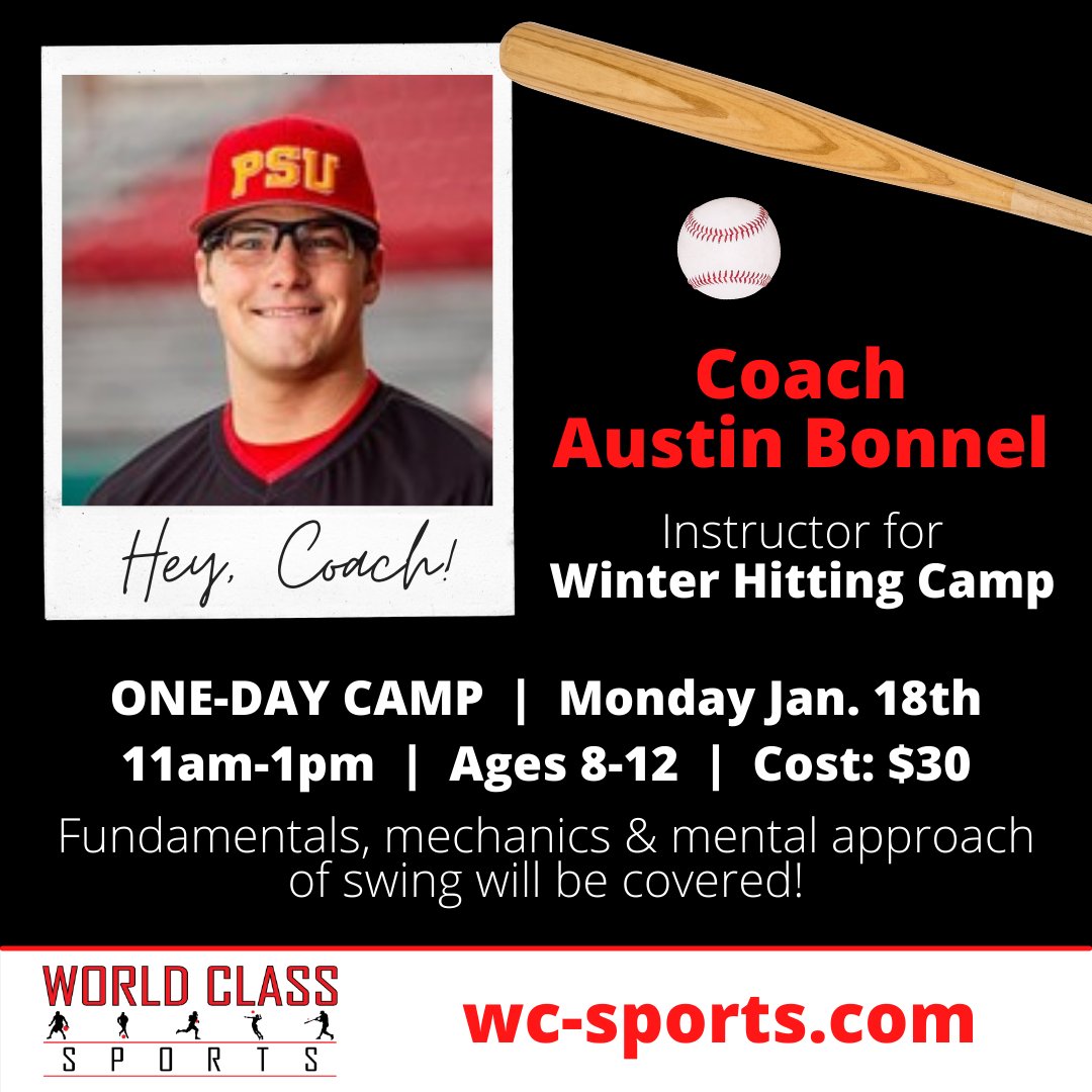 Information_WCS's tweet photo. World Class Sports is hosting a 👉one-day Winter Hitting Camp! Improve your swing and technique!👈

⚾Sign up here: https://t.co/bPUgSmuqp7

The camp will be held Jan. 18th from 11am-1pm  | 🏃‍♂️ For kids ages 8-12  |  Taught by Coach Austin Bonnel.😎 https://t.co/3kDERDpFyJ