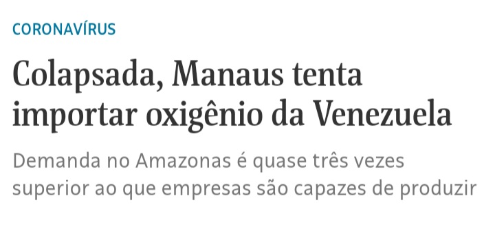 Erik_C_Oliveira's tweet photo. "Vou votar no Jair Bolsonaro para que o Brasil não se torne uma Venezuela." Essa frase foi repetida exaustivamente por bolsonaristas, antes do pleito que elegeu o atual presidente do Brasil. 

E, hoje, Manaus tenta importar oxigênio da Venezuela. 

Renuncie, Jair Bolsonaro! https://t.co/ueoaRP7icp
