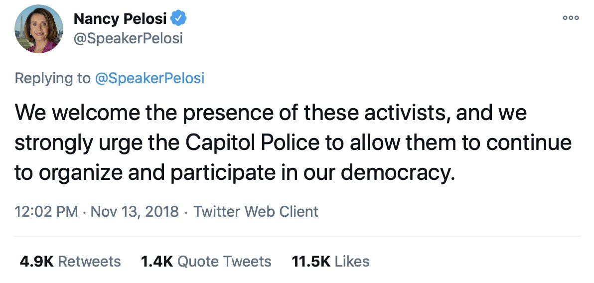 Recall treatment of "Peaceful Protestors" of yore . . . but of course that was then and this is now right? https://twitter.com/SpeakerPelosi/status/1062390353679003655?s=20