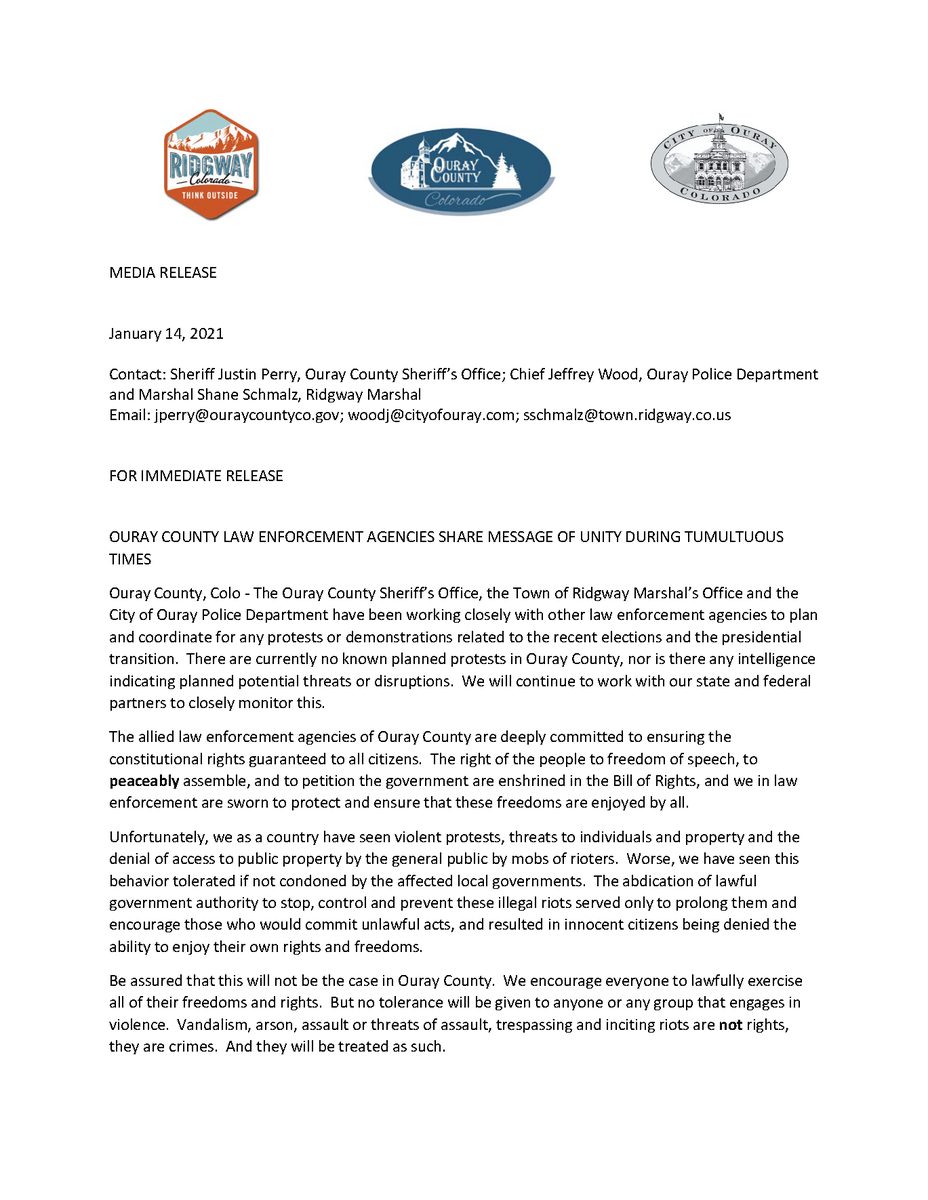 OurayPD's tweet photo. Ouray County Law Enforcement Agencies share message of unity during tumultuous times. See attached press release. https://t.co/ZYjZkPbdv4