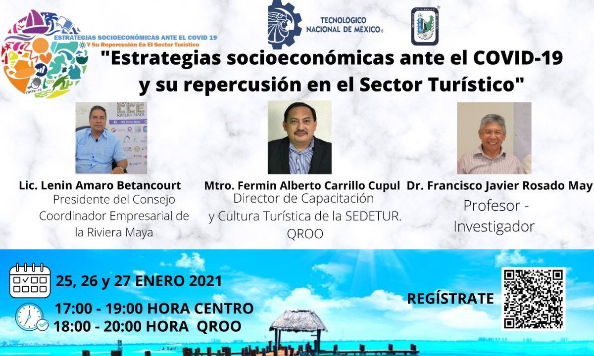 #Únete al ciclo de conferencias "Estrategias socioeconómicas ante el COVID-19 y su repercusión en el sector Turístico", no faltes.
Reserva tu lugar al link n9.cl/ciclodeconfere completamente gratis.
<a href="/TecNM_MX/">TecNM</a> 
<a href="/IT_Chetumal/">TecNM - Chetumal</a> 
<a href="/ittapachula/">TecNM Campus Tapachula</a>  
<a href="/UQROOCancun/">UQROO Cancún</a> 
<a href="/omaralpuche/">omar alpuche leal</a>