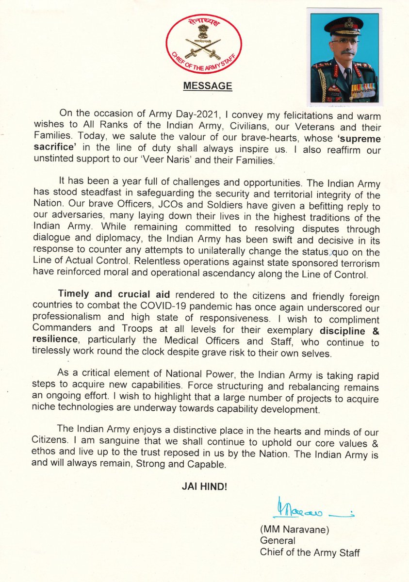 adgpi's tweet photo. General MM Naravane #COAS conveys felicitations and warm wishes to All Ranks of the #IndianArmy, Civilians, #Veterans and their Families on the occasion of 73rd #ArmyDay. 

#StrongAndCapable https://t.co/B7IlbUY1nG