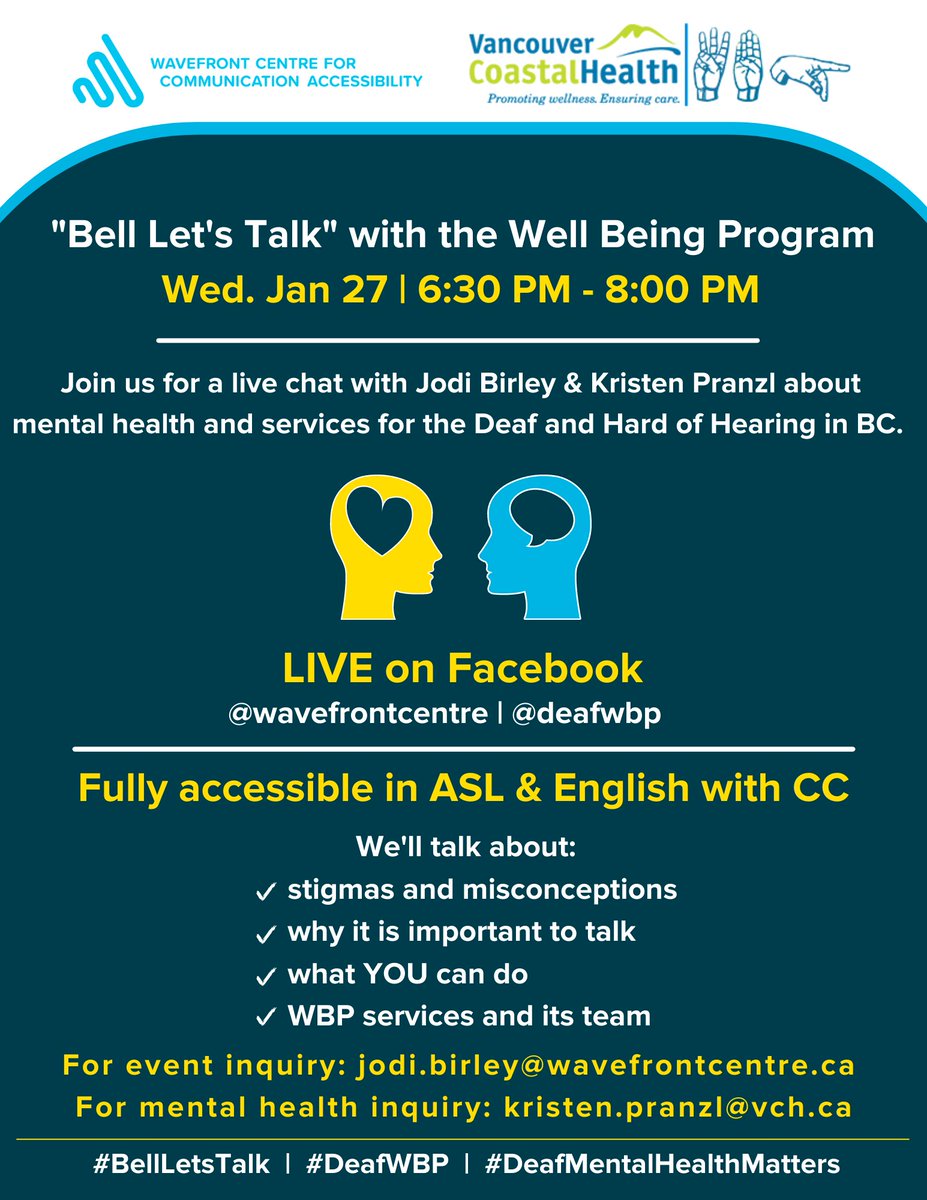 Watch in ASL: youtu.be/OKq0TOpZCno 

Join us for a conversation with the VCH Deaf Well-Being Program as we chat about the importance of mental health in the Deaf and Hard of Hearing communities.  

Wednesday, Jan 27 @ 6:30PM LIVE on Facebook

#DeafWBP #DeafMentalHealthMatters