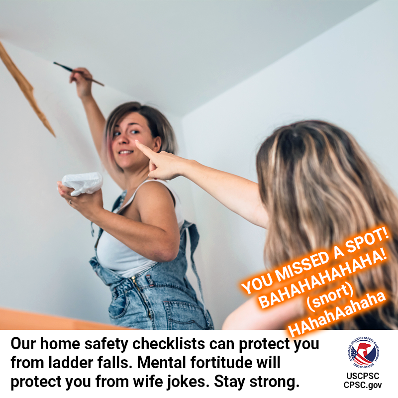 A woman on a step ladder just beginning to painting a mural on a home wall. Her wife stands behind her pointing at the wall and says, "You missed a spot! BAHAHAHAHA (snort) Hahahaha." The text reads: Our home safety checklists can protect you from ladder falls. Mental fortitude will protect you from wife jokes. Stay strong.