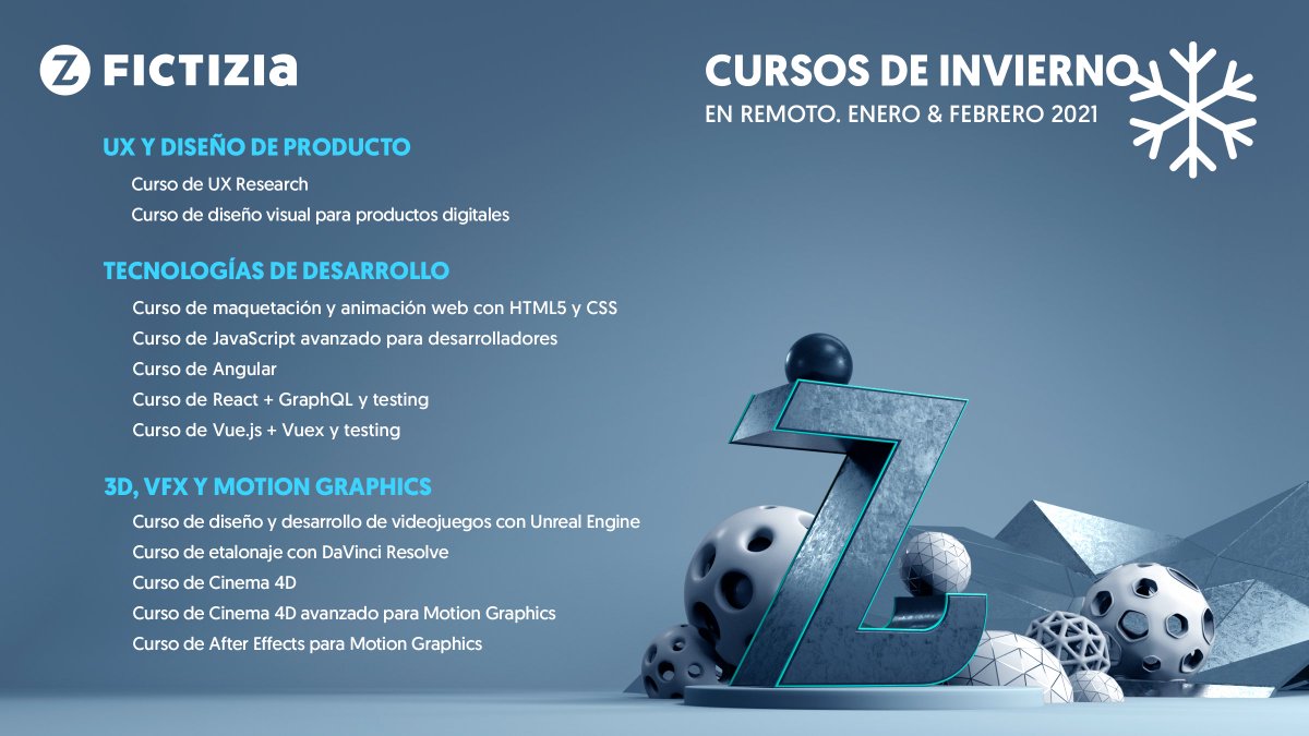 fictiziaescuela's tweet photo. Aquí tenéis la agenda de nuestros próximos #cursosdeinvierno ☃️ en remoto, creados con todo el cariño para quienes os habéis marcado como propósito para este 2021 dar otro pasito más en vuestra profesión.

https://t.co/V8XeFPdgzK

¡Os esperamos!
#enfictiziadesdecasa #profesmuytop https://t.co/59Scr5Rx3y