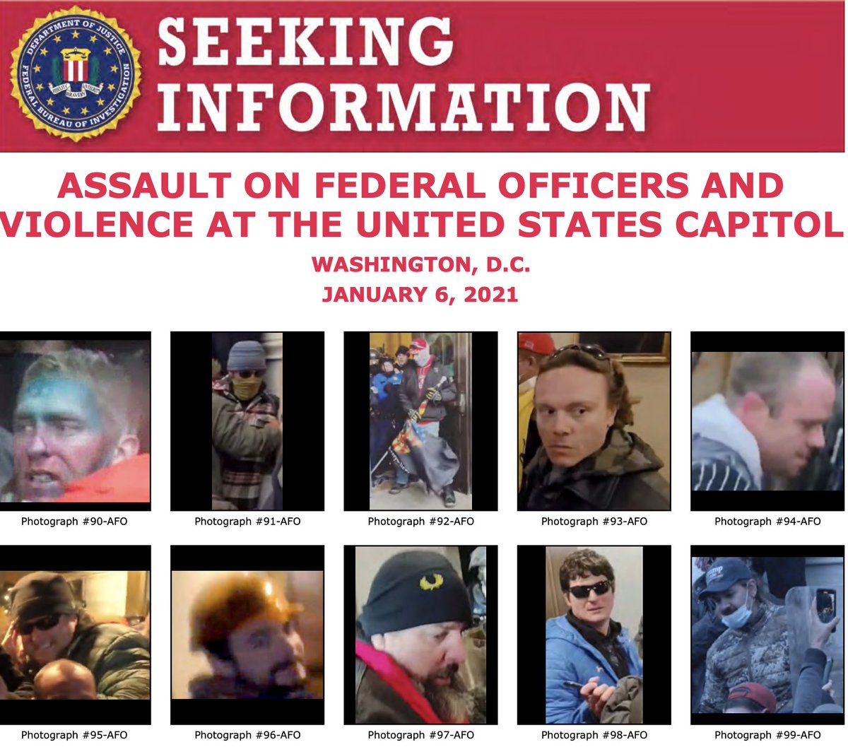 FBI seeking information poster for assault on federal officers and violence at the united states capitol. Ten images of unidentified individuals.