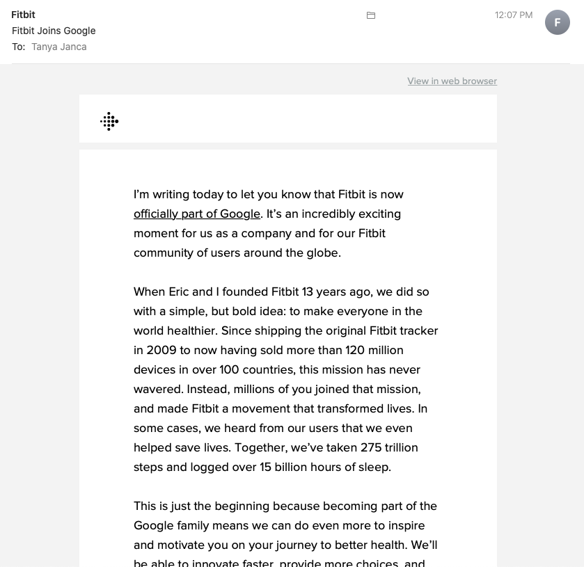 Dear <a href="/fitbit/">fitbit</a> / <a href="/FitbitSupport/">Fitbit Support</a>.

In 2019 I made a HUGE deal about having you permanently delete my data before Google bought you, and your helpdesk said you erased me. Yet I just received an email from you at my private email address. How did this happen?

Tanya Janca