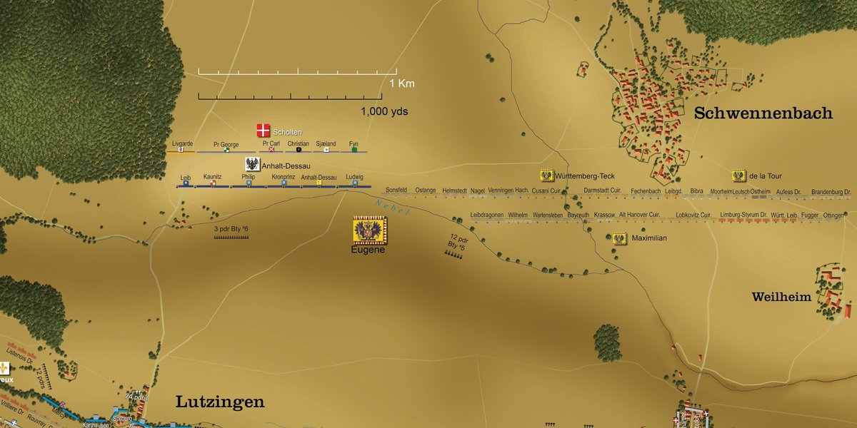 Eugene’s flank (made up of Austrian, Danish, and Prussian soldiers) was taking more time than anticipated to cross the rough ground near Lutzingen. Eugene’s attack had to start at the same time as Cutts’ attack on Blindheim, otherwise Tallard’s flank would easily be reinforced.