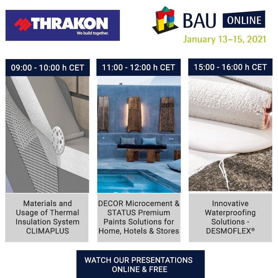 THRAKON_Group's tweet photo. Materials and Usage of Thermal Insulation System CLIMAPLUS -  https://t.co/XuU36knv5v

DECOR Microcement &amp; STATUS Paints Solutions for Home, Hotels &amp; Stores - https://t.co/9zureI56EI

Innovative Waterproofing Solutions - DESMOFLEX® - https://t.co/jHwSx7HLHI

#BAU #BAUONLINE https://t.co/EgCTSLT6M2