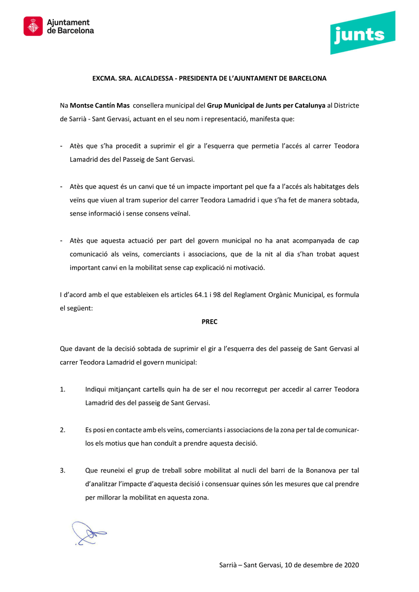 🔴 S'ha acabat girar per Teodora Lamadrid des del Passeig de Sant Gervasi.

❌ Un cop més comuns i PSC actuen d'esquena al veïnat, sense avisar veïns, comerciants, ni associacions sobre aquest canvi.

☑️ Exigim que es reuneixi el grup de treball de mobilitat de #Bonanova.