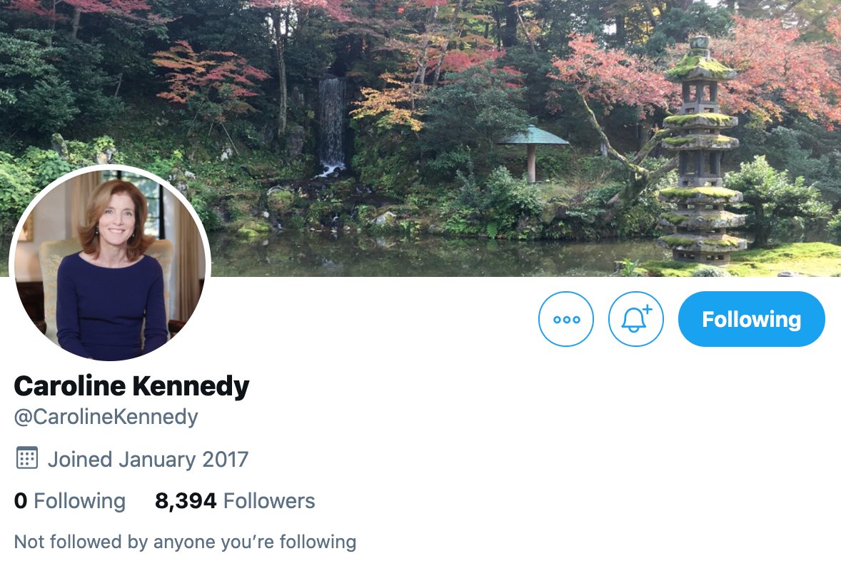 Annakhait's tweet photo. I just heard that Caroline Kennedy's twitter account was just wiped clean after she shared a picture of her brother, JFK Jr. and President Trump. She is communication with a friend of mine. https://t.co/UkPeXaB3Cy