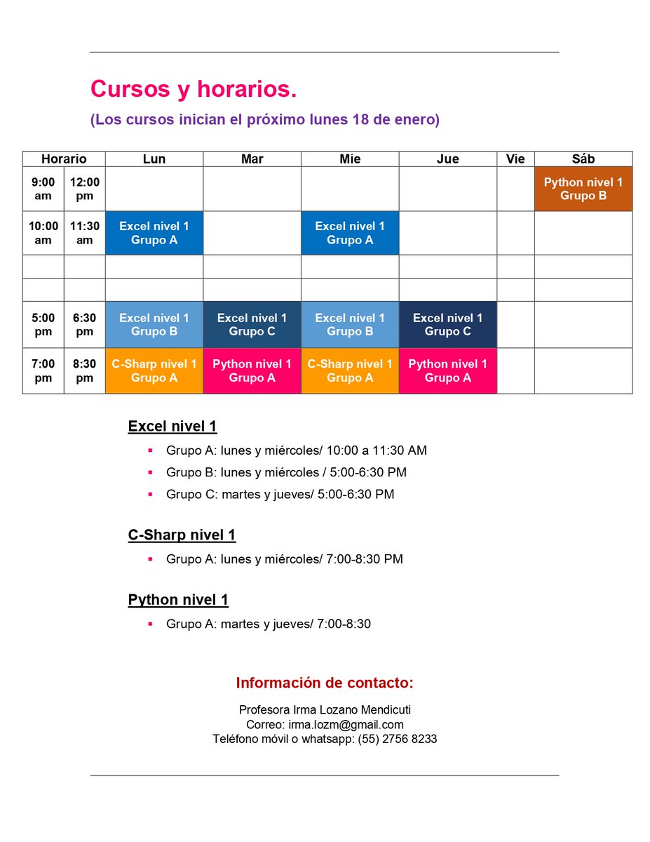 consejologra's tweet photo. La Profesora Irma Lozano Mendicuti impartirá diferentes "Cursos Intensivos de Computación" este semestre. Te dejamos aquí los temarios, horarios y la información de contacto por si estás interesadx 

¡Inicia el lunes 18 de enero, no faltes! https://t.co/dWNaJKo1JZ