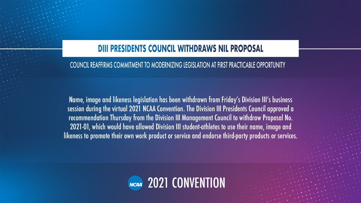 NCAADIII's tweet photo. DIII Presidents Council withdraws name, image and likeness proposal.

https://t.co/ZTv94fEyUS | #NCAAconv https://t.co/5HGSVj44Fw