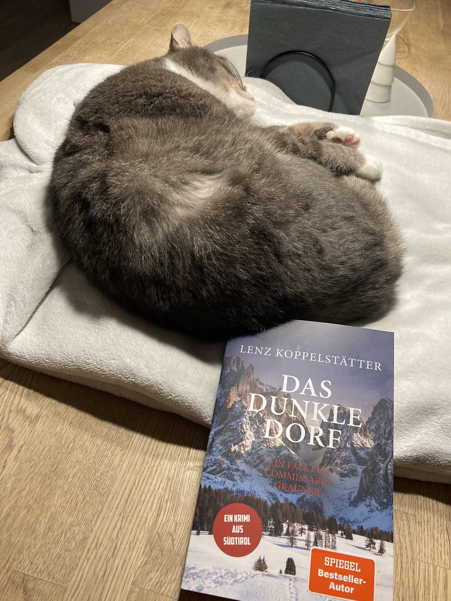 rubelinho's tweet photo. So kann der Krimi-Abend starten... mit „Das dunkle Dorf“ von @lenz_ko und dem Kater auf dem Tisch 😅 #grauner https://t.co/4qMGTqOkdf
