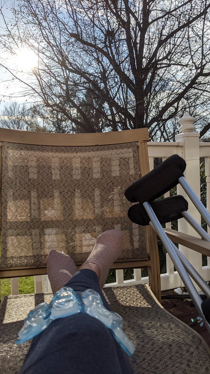 RachaelKWx's tweet photo. Always happy to see the sun come out for my daily dose of Vitamin D from the back deck 🌤️ #brokenknee #oncrutches #sunshine #getoutside https://t.co/WiyIeifm1j