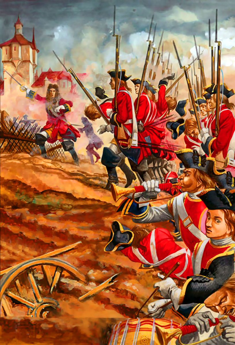 The assault on Blindheim began with Rowe’s brigade rising from the banks of the Nebel and marching the 150 yards to Blindheim in complete silence. The defenders fired a devastating volley at only 30 yards, mortally wounding Rowe before he could order his men to return fire.