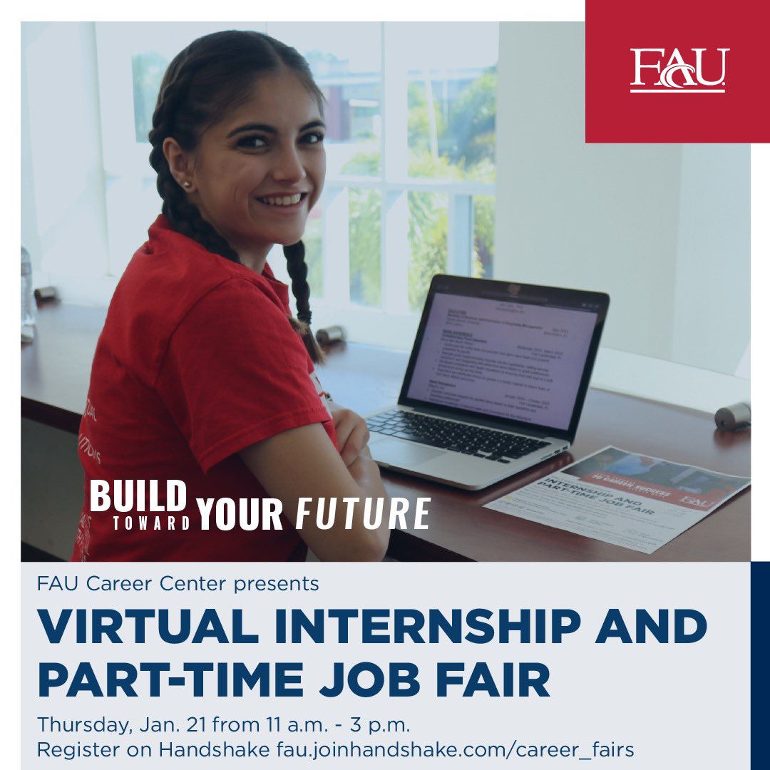 jupfausg's tweet photo. This career fair provides students and alumni to network with employers and learn about positions in various industries. Organizations are recruiting for internships and part-time jobs both virtually and in-person. @FAUCareerCenter https://t.co/mOOXwMppVx