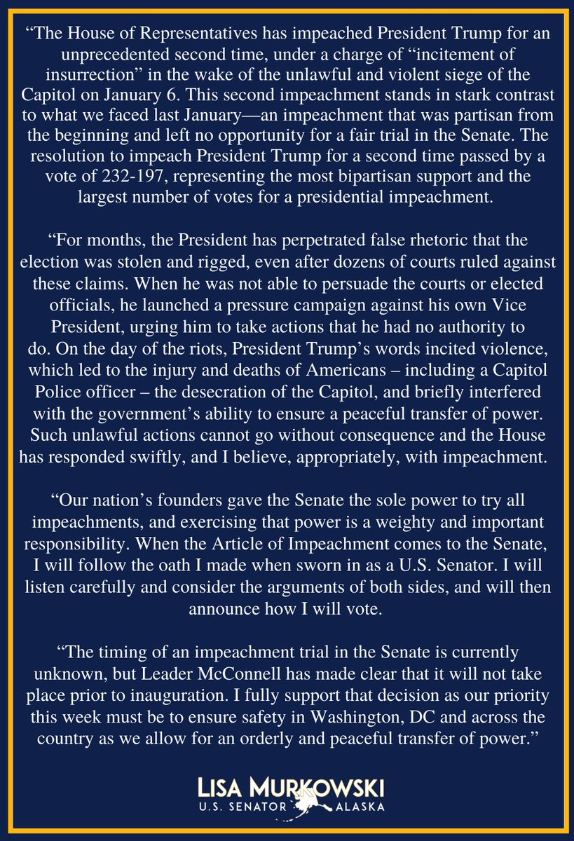 lisamurkowski's tweet image. I issued the following statement after the U.S. House of Representatives passed a bipartisan article of impeachment against U.S. President Donald J. Trump: