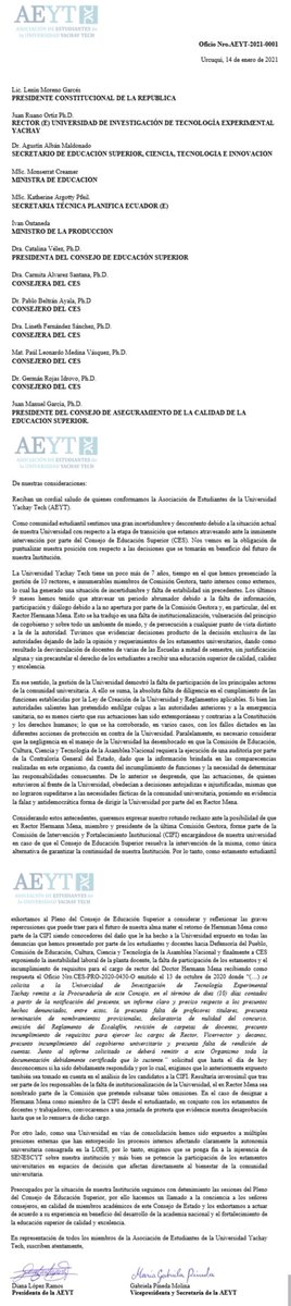 DianiLopez03's tweet photo. Hoy emitimos un oficio dirigido al presidente de la república, consejeros del CES y actual rector dando a conocer nuestro RECHAZO ante una posible designación del ex rector Hermann Mena como miembro de CIFI
#CESescucha
#IntervencionSinMena
#CIFImejoresPuntajes https://t.co/1fZ0shfJex