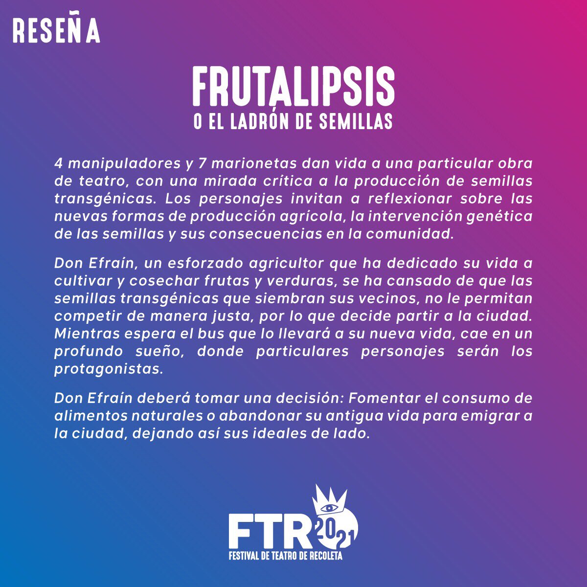 CulturaRecoleta's tweet photo. Este #viernes tenemos la primera obra en formato virtual transmitida en vivo desde @CulturaRecoleta en el marco del #FTR2021 Conoce toda la programación en https://t.co/l5I5xWEngS  @Muni_Recoleta https://t.co/10Il3a7CRY